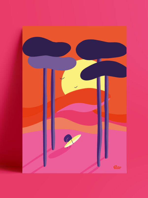 affiche-de-surf-colorée-endless-summer-surf-sunset-rose-rouge-les-petites-fesses-chambre enfant