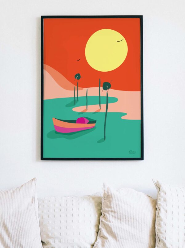 affiche-pinasse-dune-du-pilat-bassin-arcachon-coucher-de-soleil-coloréee