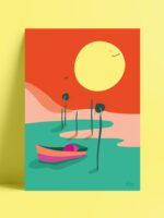 affiche-pinasse-dune-du-pilat-bassin-arcachon-coucher-de-soleil-coloréee