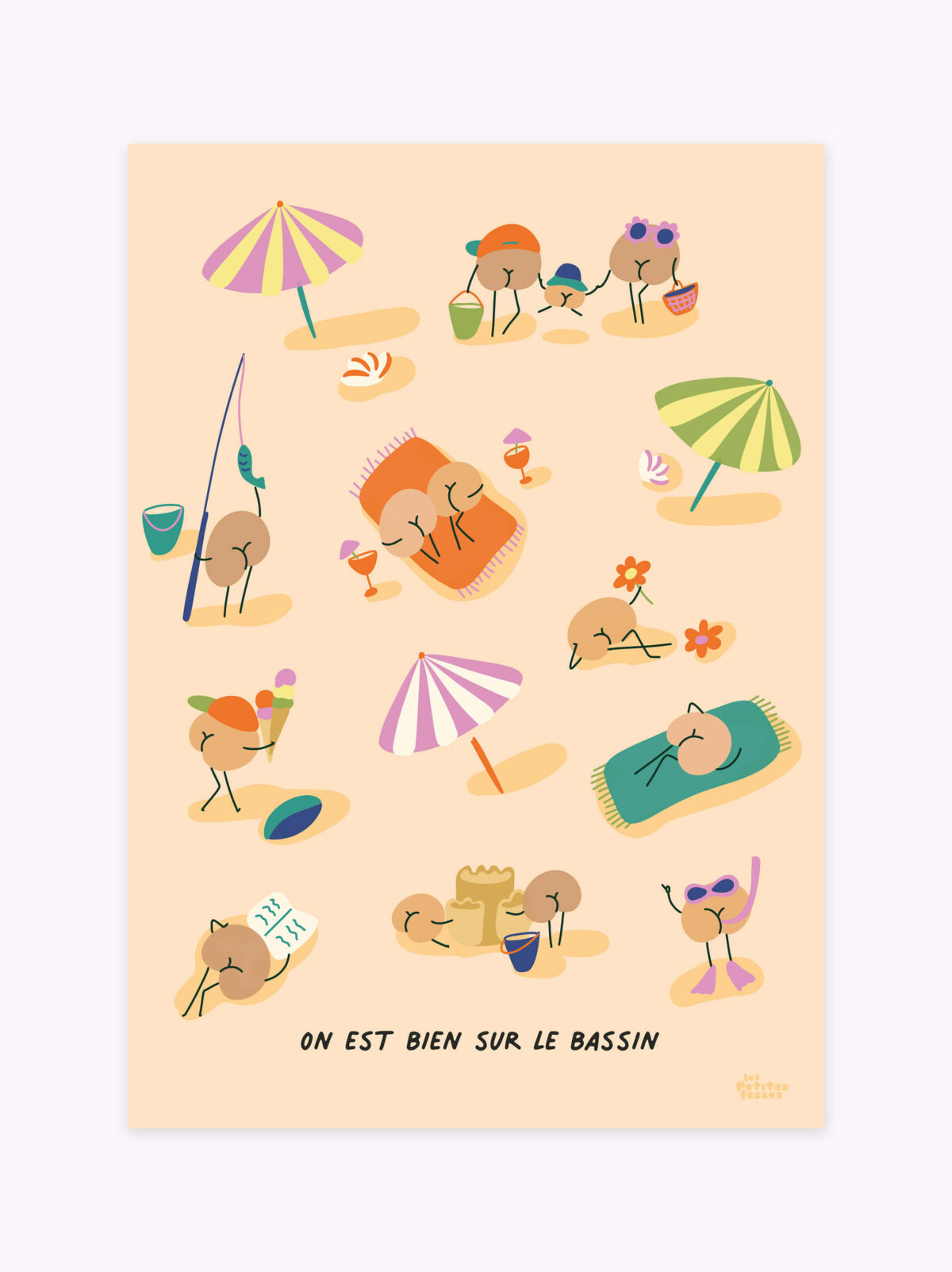 Journée plage affiche-personnages-sur-la-plage-sur-le-sable-avec-parasol