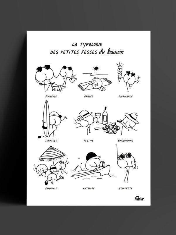 affiche-typologie-du-bassin-Arcachon-noir-et-blanc-plage-vin-huitre-soleil