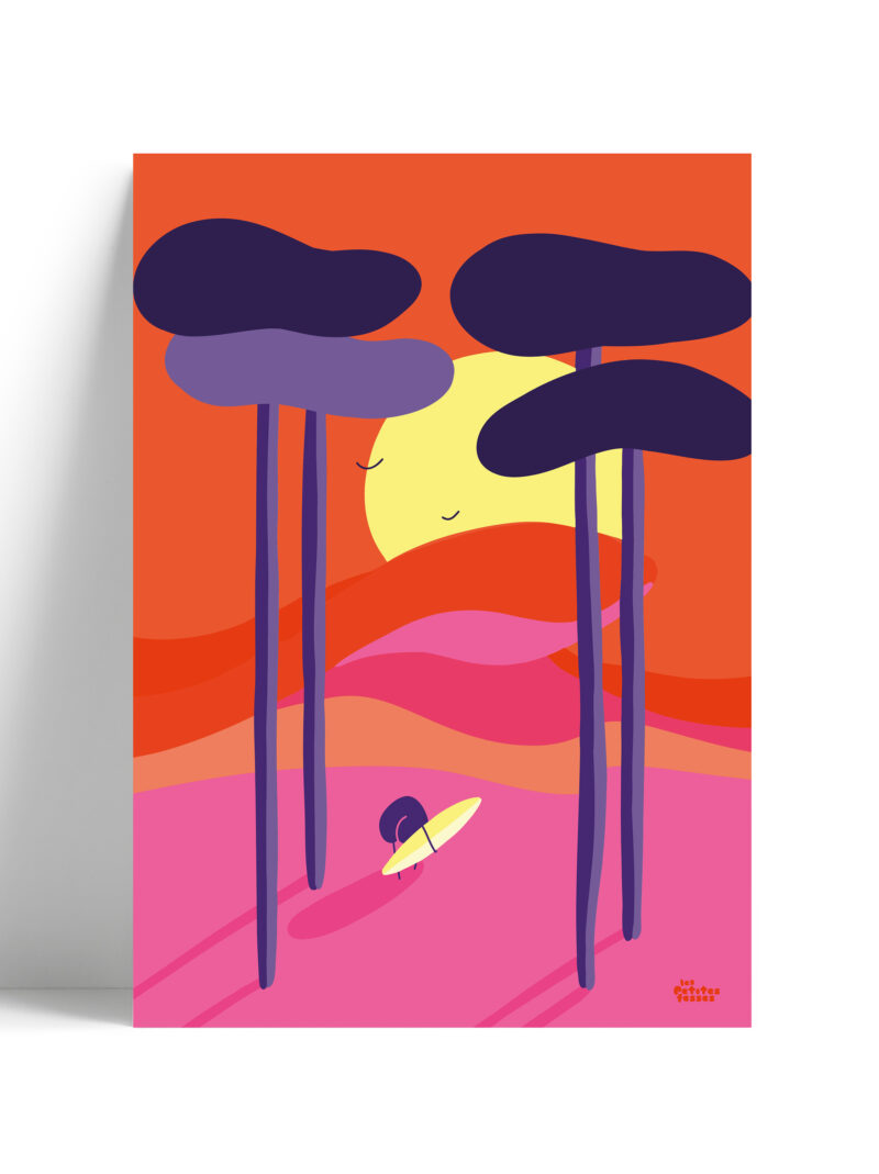 affiche-de-surf-colorée-endless-summer-surf-sunset-rose-rouge-les-petites-fesses-chambre enfant