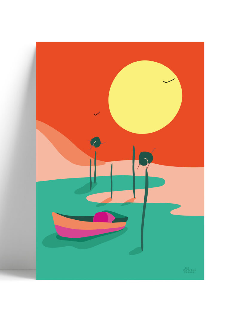 affiche-pinasse-dune-du-pilat-bassin-arcachon-coucher-de-soleil-coloréee