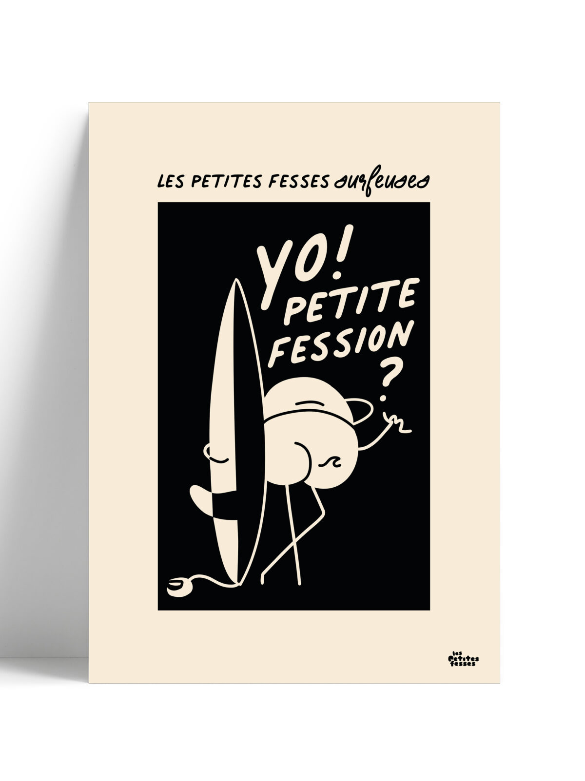 affiche-surfeur-planche-les-petites-fesses-blanc affiche-humoristique-noir-et-blanc-planche-de-surf-en-situation